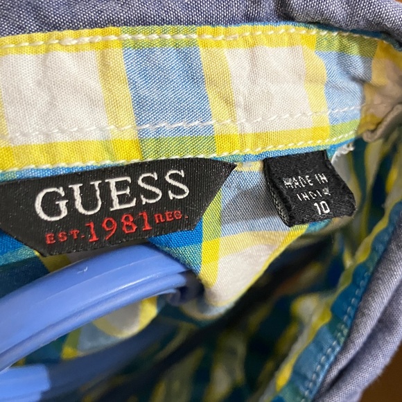 Guess Short-Sleeve Plaid Button-Down Shirt in Blue & Green - Picture 2 of 7